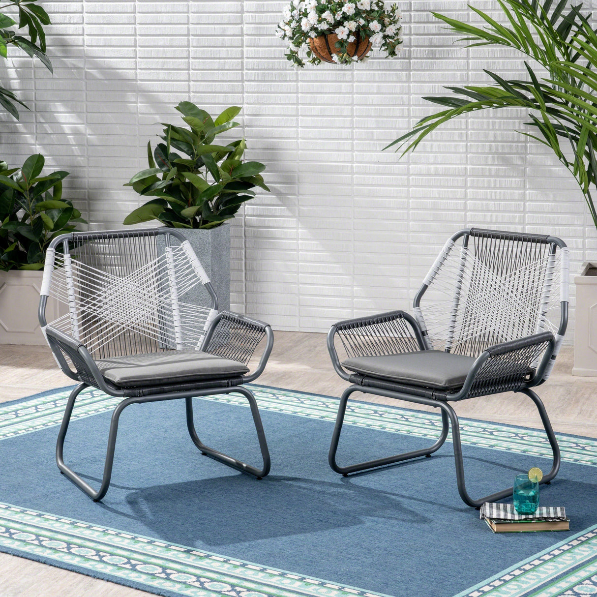 Set of 2 Woven Rattan Outdoor Club Chairs with Cushions