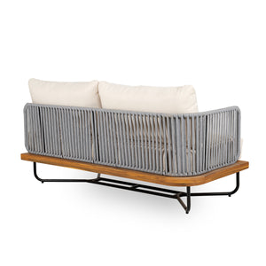 Lucca Outdoor 6 Seaters Acacia Wood and Rope Woven Patio Conversation Set