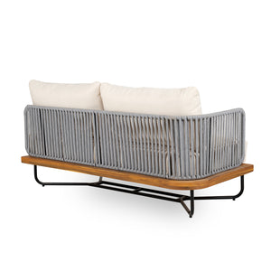 Lucca Outdoor 6 Seaters Acacia Wood and Rope Woven Patio Conversation Set