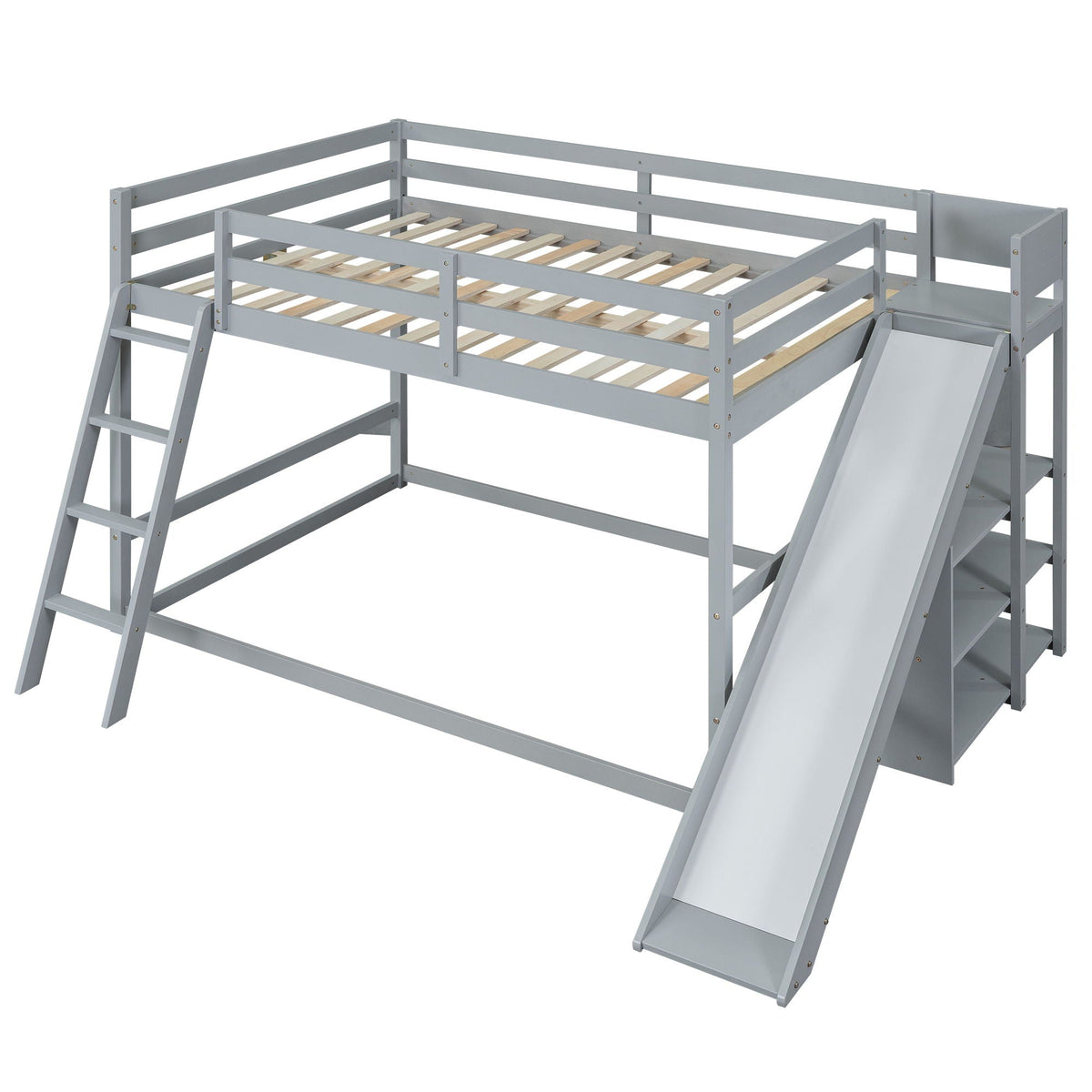 Bunk Bed With Ladder, Slide, And Shelves Pine Wood