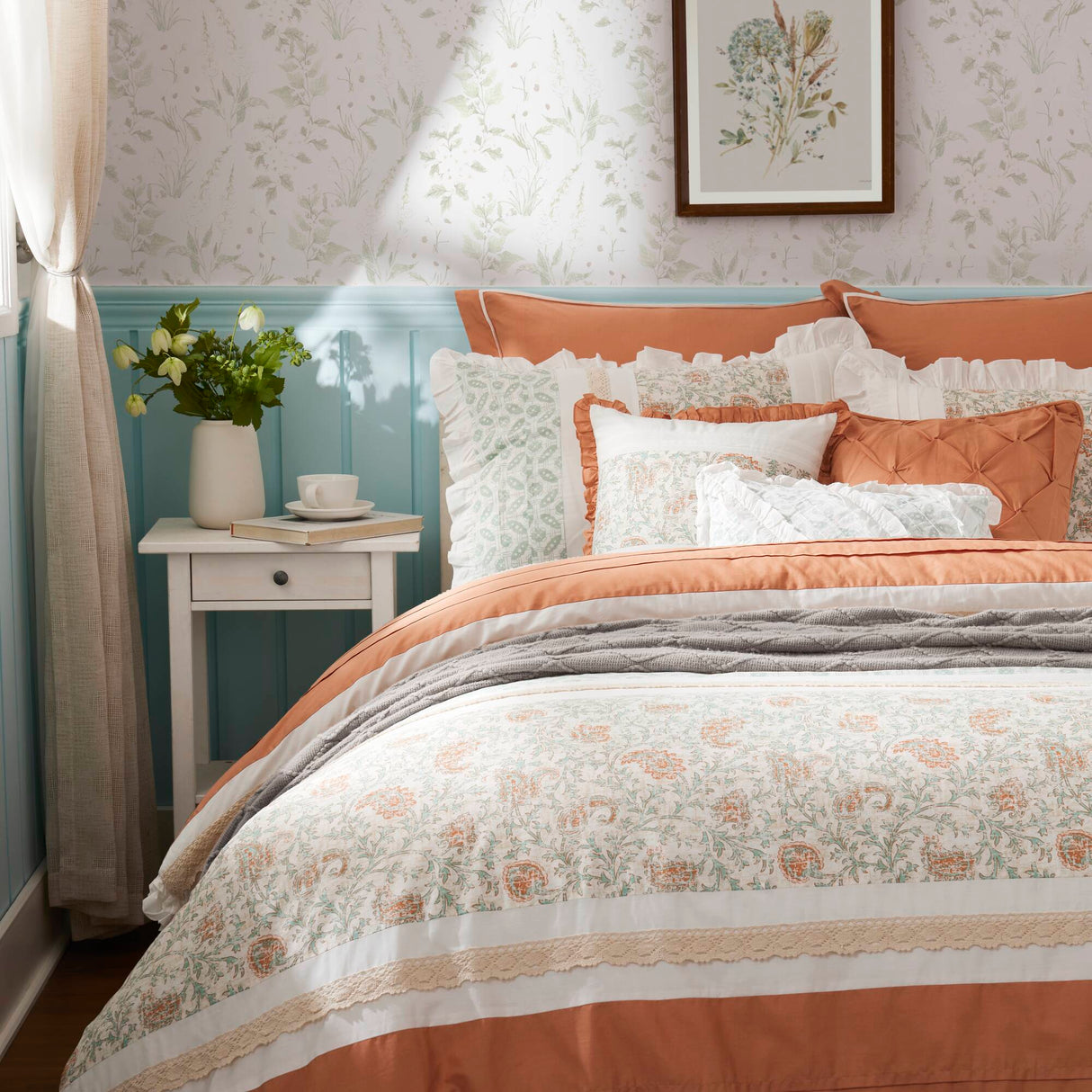 9 Piece Cotton Percale Comforter Set - Coral - King Size