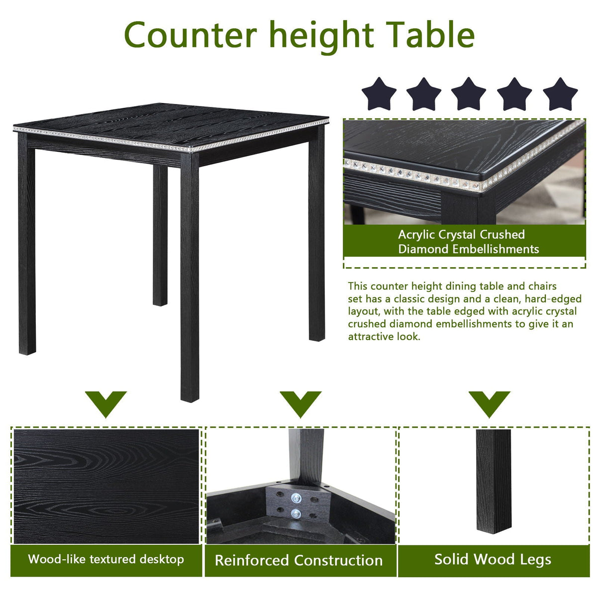 5 Pieces Counter Height Table Set, Kitchen Table With Square Table And 4 Upholstered Chairs