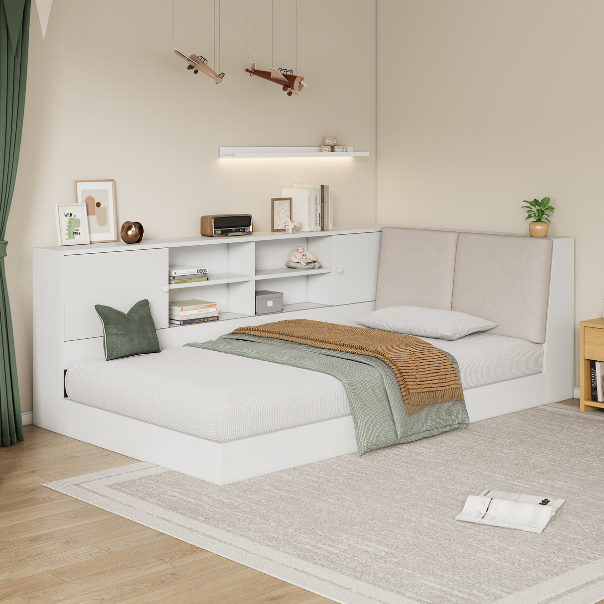 Twin Size L-shaped Daybed with Storage Bookcase, Upholstered Headboard and USB Charging Ports, White
