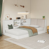 Twin Size L-shaped Daybed with Storage Bookcase, Upholstered Headboard and USB Charging Ports, White