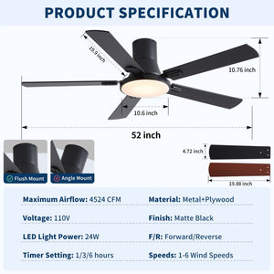 Flush Mount Ceiling Fans With LED Light And Remote Control, 5 Blades