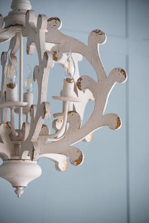 6 Light White Wood and Iron Chandelier with Adjustable Chain
