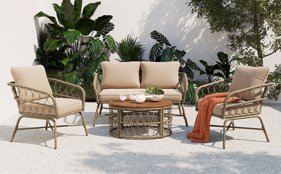 4 Piece Bohemian Wicker Chat Set With Acacia Wood Table