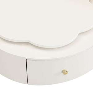 Modern Round Coffee Table (Set of 2), 360 Degree Rotatable Flower Shaped Top With 2 Drawers, Top Circle Side Table End Table With Glass For Living Room - Off White