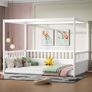 Full Size Canopy Bed Frame with Guardrails for Kids