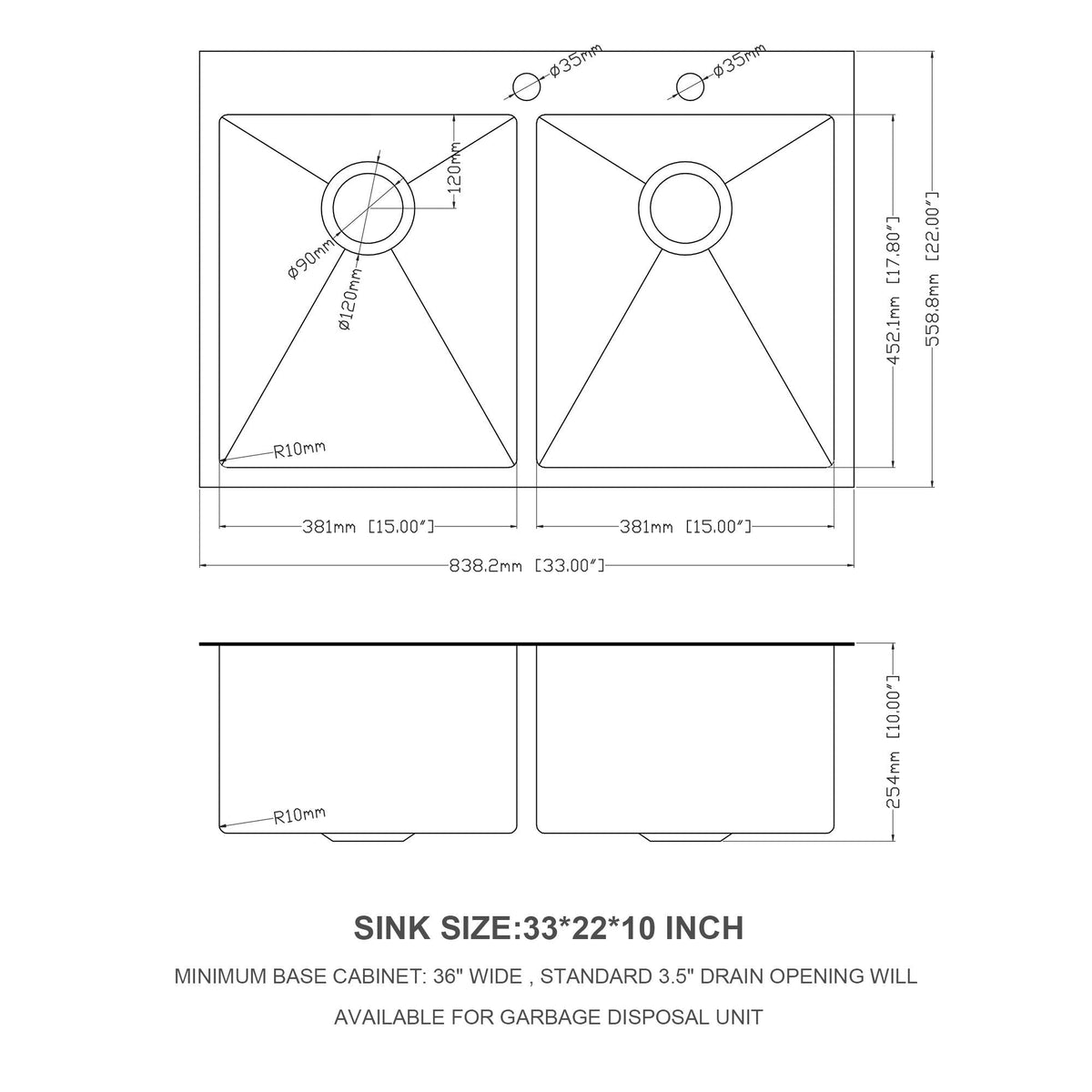Double Bowl Drop In Kitchen Sink 33" X 22" With 16 Gauge Stainless Steel And 2 10" Deep Basins - Gunmetal Black