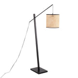 Arturo Contemporary Floor Lamp in Black Wood and Steel with Rattan Shade