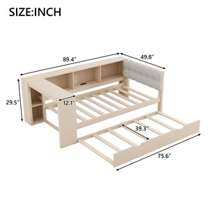 Upholstered Headboard Platform Bed With Storage Shelves, Trundle, Charging Station