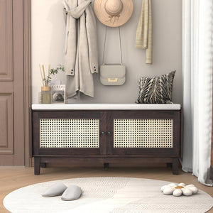 TREXM Boho Rattan Entryway Bench with Storage