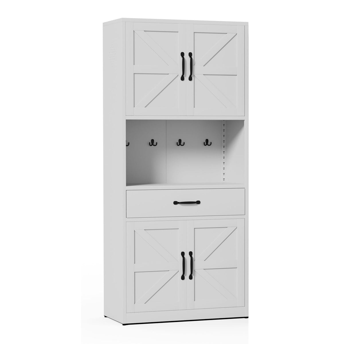 Kitchen Pantry Cabinet With Adjustable Shelves, Drawers, Hooks And Large Countertop - White
