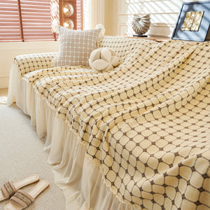 Grid Textured Sofa Cover with Sheer Ruffle Skirt, Pet-Friendly Sofa Throw Slipcover