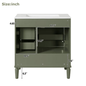 Elegant Olive Green 30' Bathroom Vanity with Ceramic Sink and Ample Storage, Solid Wood and MDF Construction