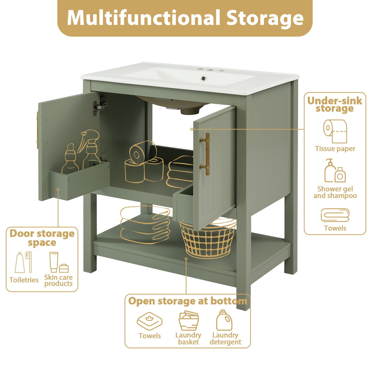 Elegant Bathroom Vanity With Ceramic Sink And Versatile Storage