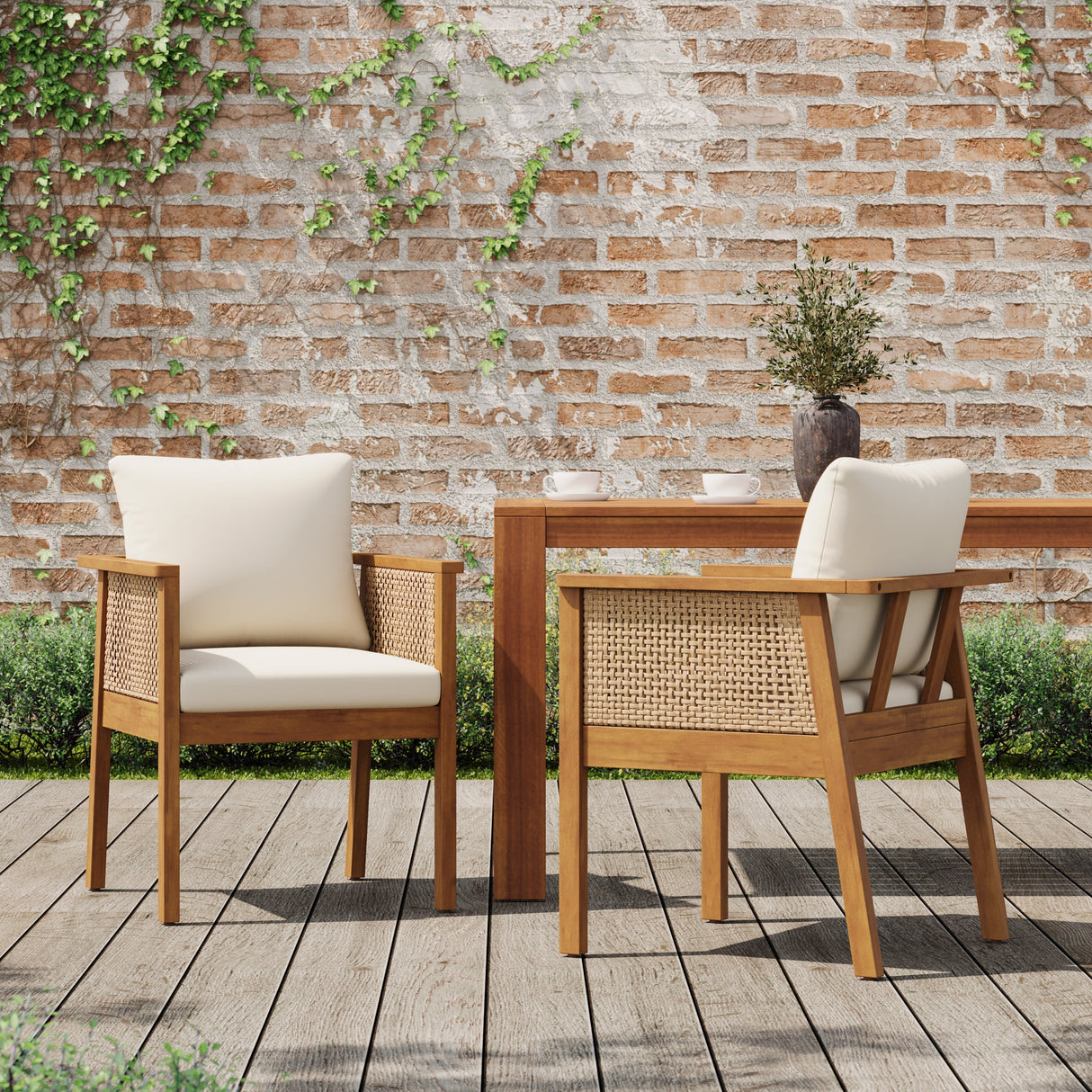 Outdoor Dining Chairs Set of 2 with Acacia Wood and Washable Cushions