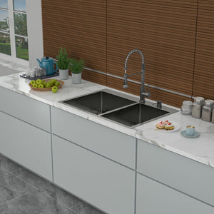 Double Bowl Drop In Sink With 2 - 9" Deep Basins - Gunmetal Black