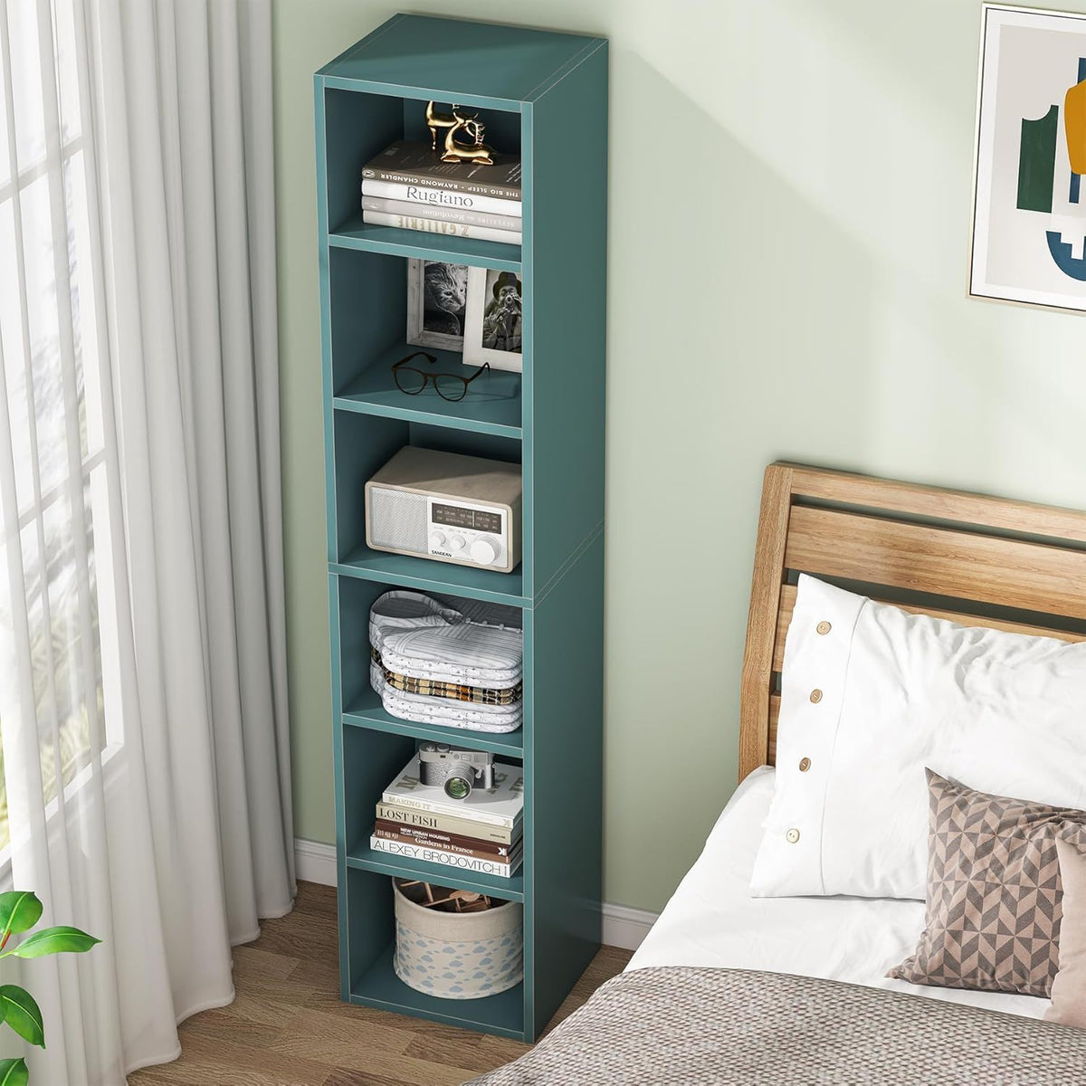 6 Tier Narrow Corner Cube Bookcase with Open Cubes - Light Blue or Dark Brown