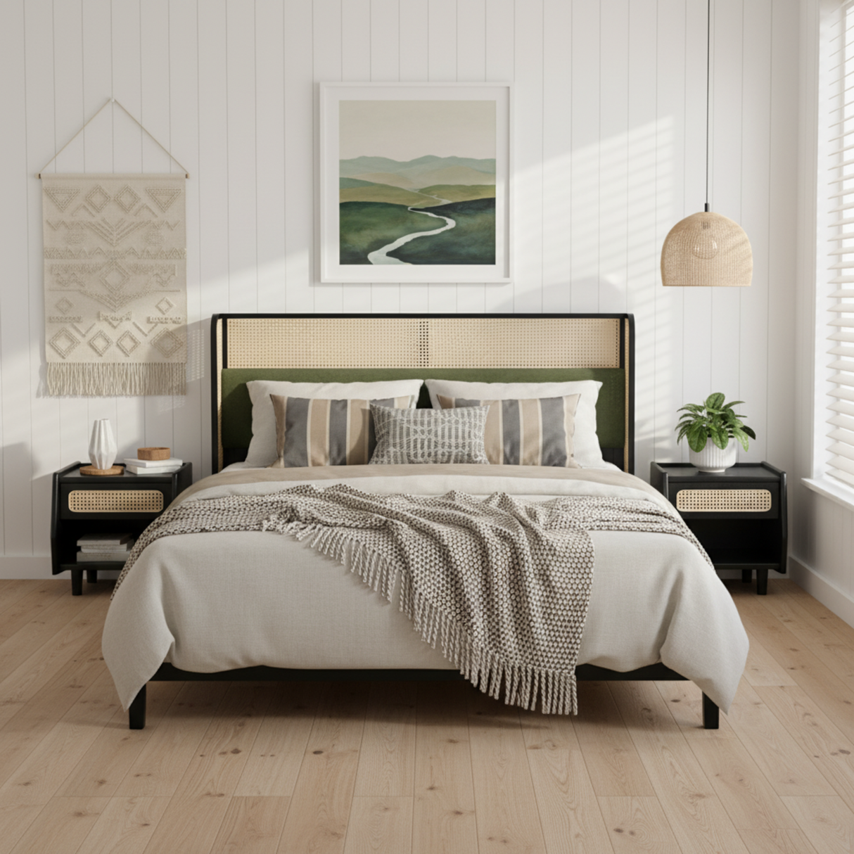Queen Size Bed Frame with Plush Green Upholstered Headboard