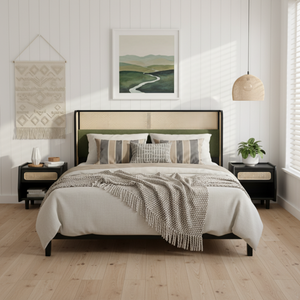 Queen Size Bed Frame with Plush Green Upholstered Headboard
