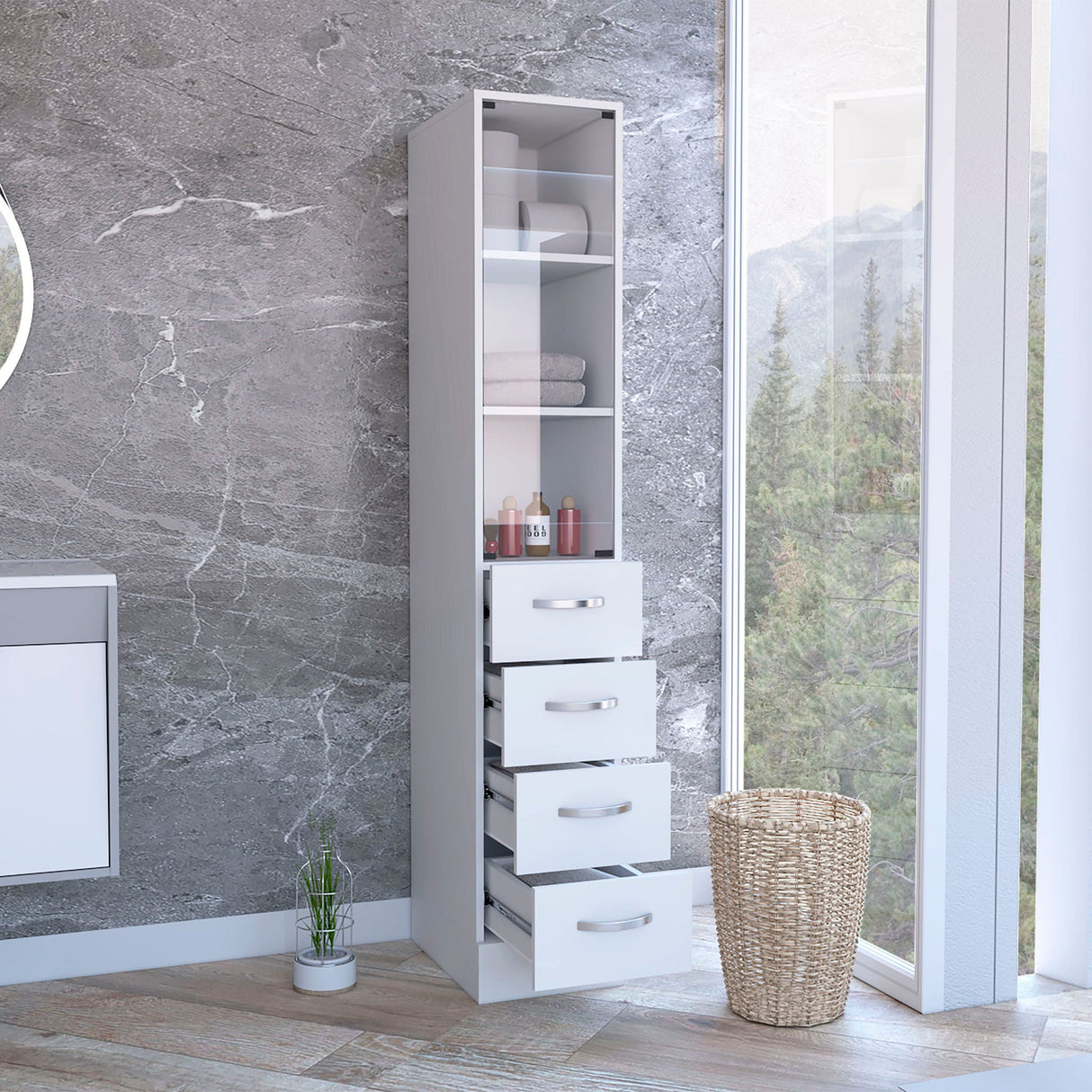 Linen Cabinet, 3 Shelves, 4 Drawers And Metal Handles - White