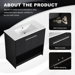 Modern Bathroom Vanity With Ceramic Sink, Freestanding Cabinet, Soft Closing Doors