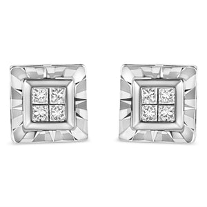 .925 Sterling Silver 1/6 Cttw Invisible Set Princess-Cut Diamond Quad Composite Stud Earrings (H-I Color, I1-I2 Clarity)