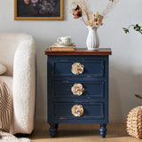 Rustic Dark Blue 3-Drawer Wooden Cabinet with Aged Finish & Floral Handles