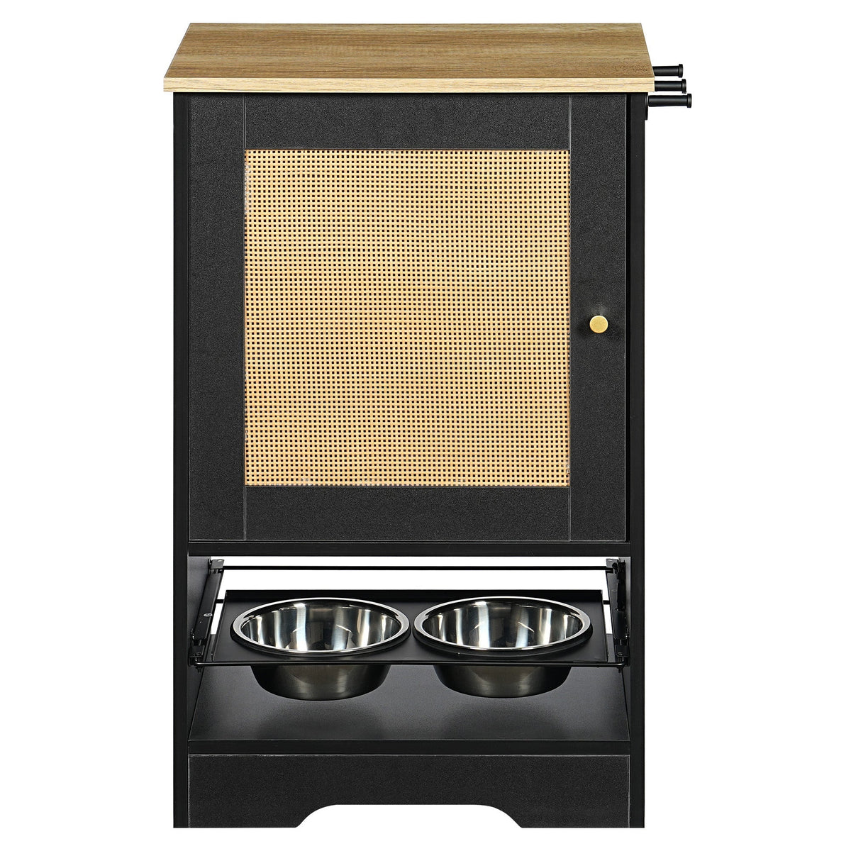 Feeding Station with Storage Cabinet and Stainless Steel Bowls - Black