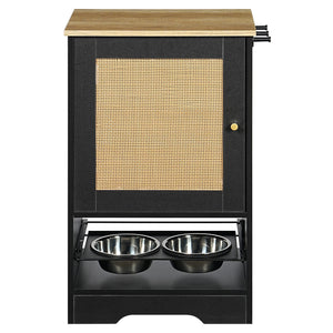 Feeding Station with Storage Cabinet and Stainless Steel Bowls - Black