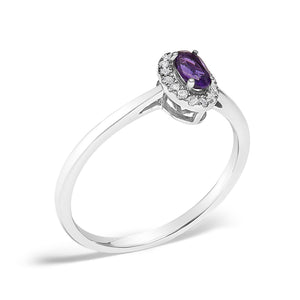 10K White Gold 5X3MM Oval Birthstone and Diamond Accent Halo Ring