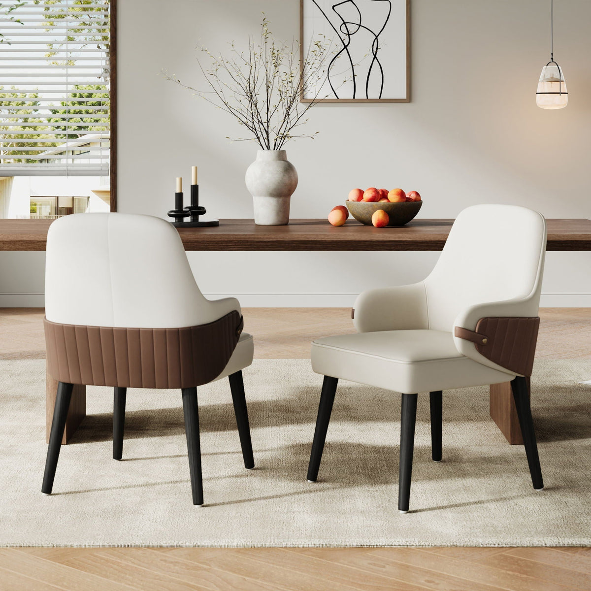 Indoor Dining Chair Set of 2 with Ergonomic Armrests - Beige/Brown