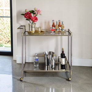 Cirro Antique Mirror Wire Brass Serving Cart - Antique Brass / White