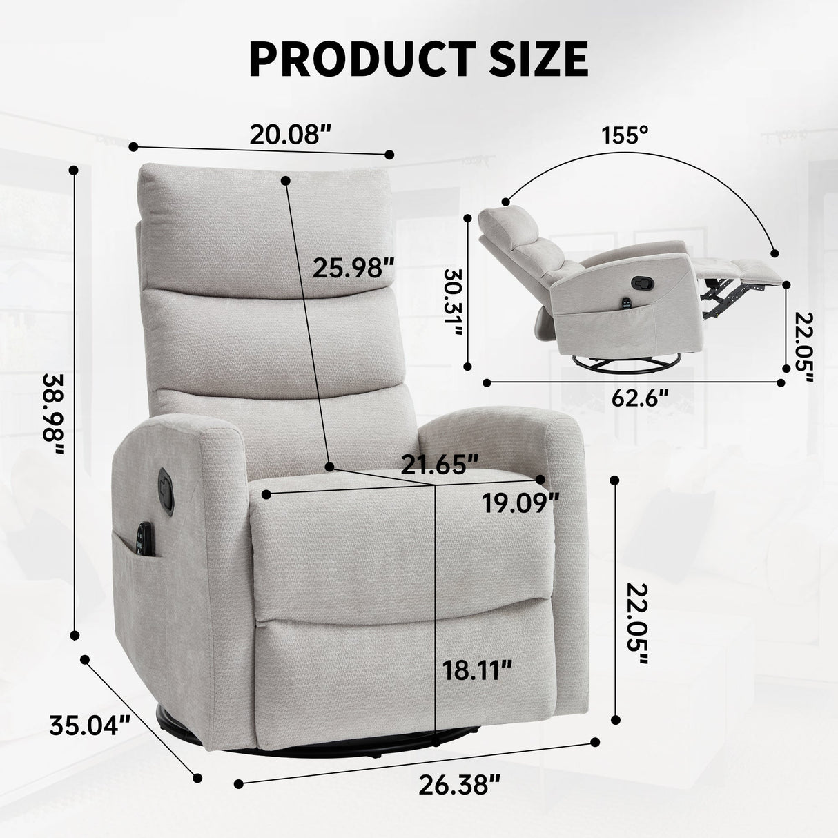 Heat Massage Manual Recliner Chair with Rocker and Swivel