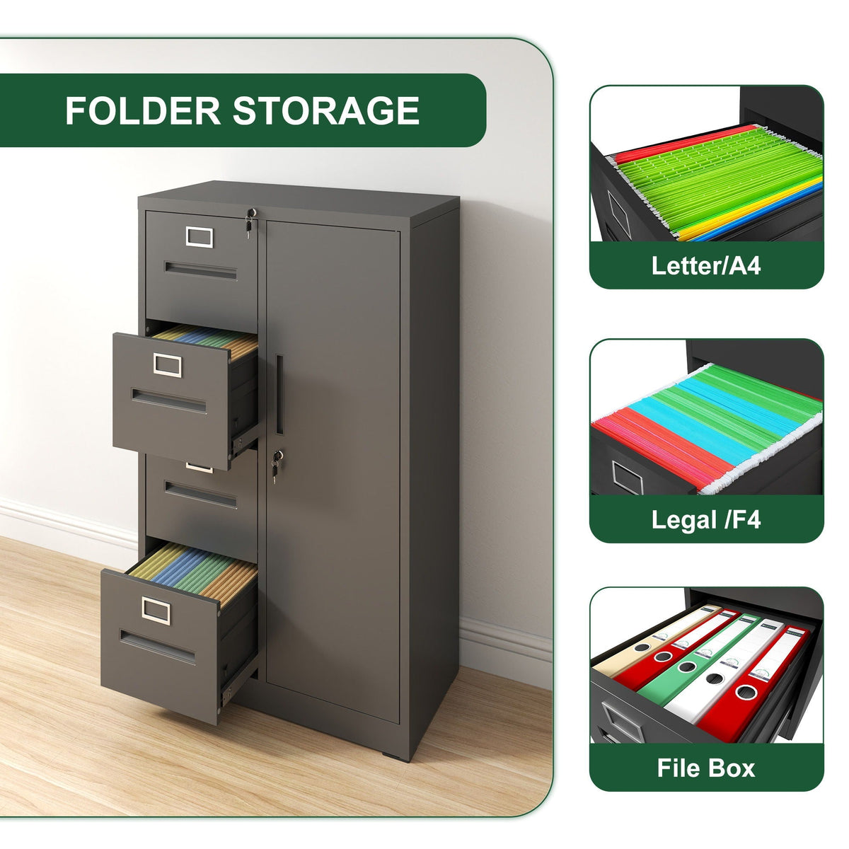Metal Storage Vertical Filing Cabinet With Lock, 4 Drawers, 1 Door, Steel Construction, School / Office Use