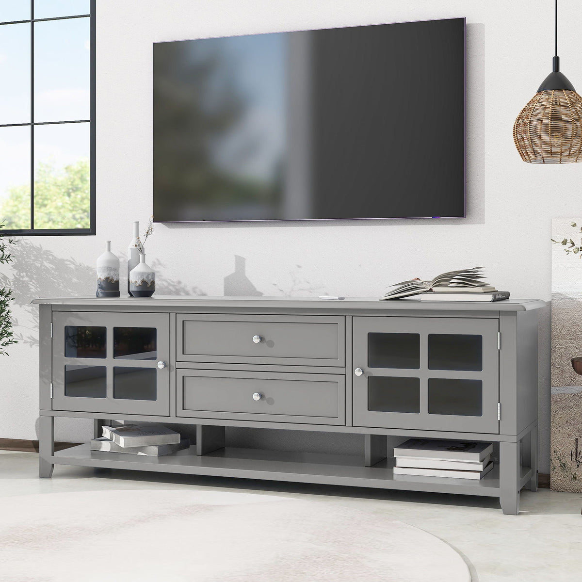 TV Stand, Entertainment Center With Dual Drawers And Hidden Storage, Cabinet With Soft Closing Doors And Sleek Panel Design