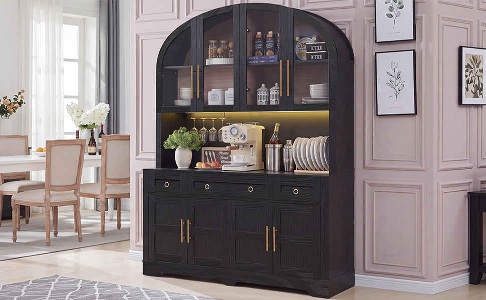 K&K 75.8" Tall Arched Kitchen Pantry Cabinet with LED & Charging Station