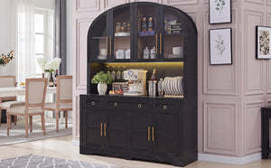 K&K 75.8" Tall Arched Kitchen Pantry Cabinet with LED & Charging Station