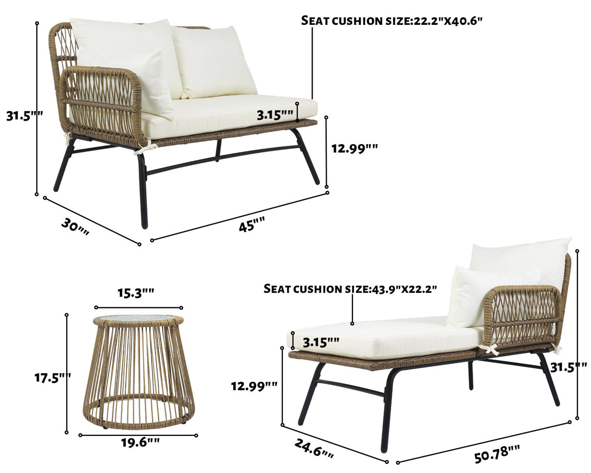 6PCS Outdoor Patio Balcony Natural Color Wicker Sofa Chair Set with Beige Cushion and Round Tempered Glass Table