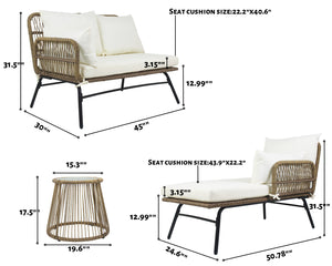 6PCS Outdoor Patio Balcony Natural Color Wicker Sofa Chair Set with Beige Cushion and Round Tempered Glass Table