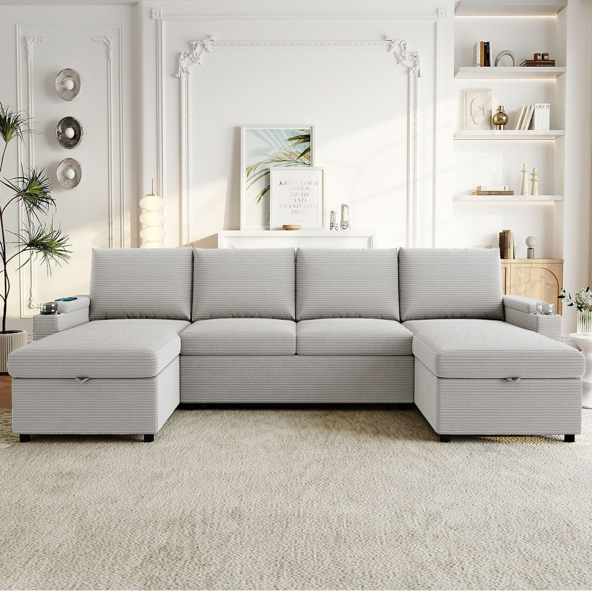 U Shaped Sectional Sofa Bed With Storage Chaise Lounges, USB Ports, And Cup Holders