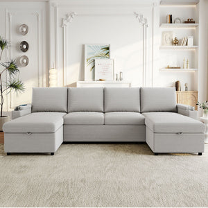 U Shaped Sectional Sofa Bed With Storage Chaise Lounges, USB Ports, And Cup Holders