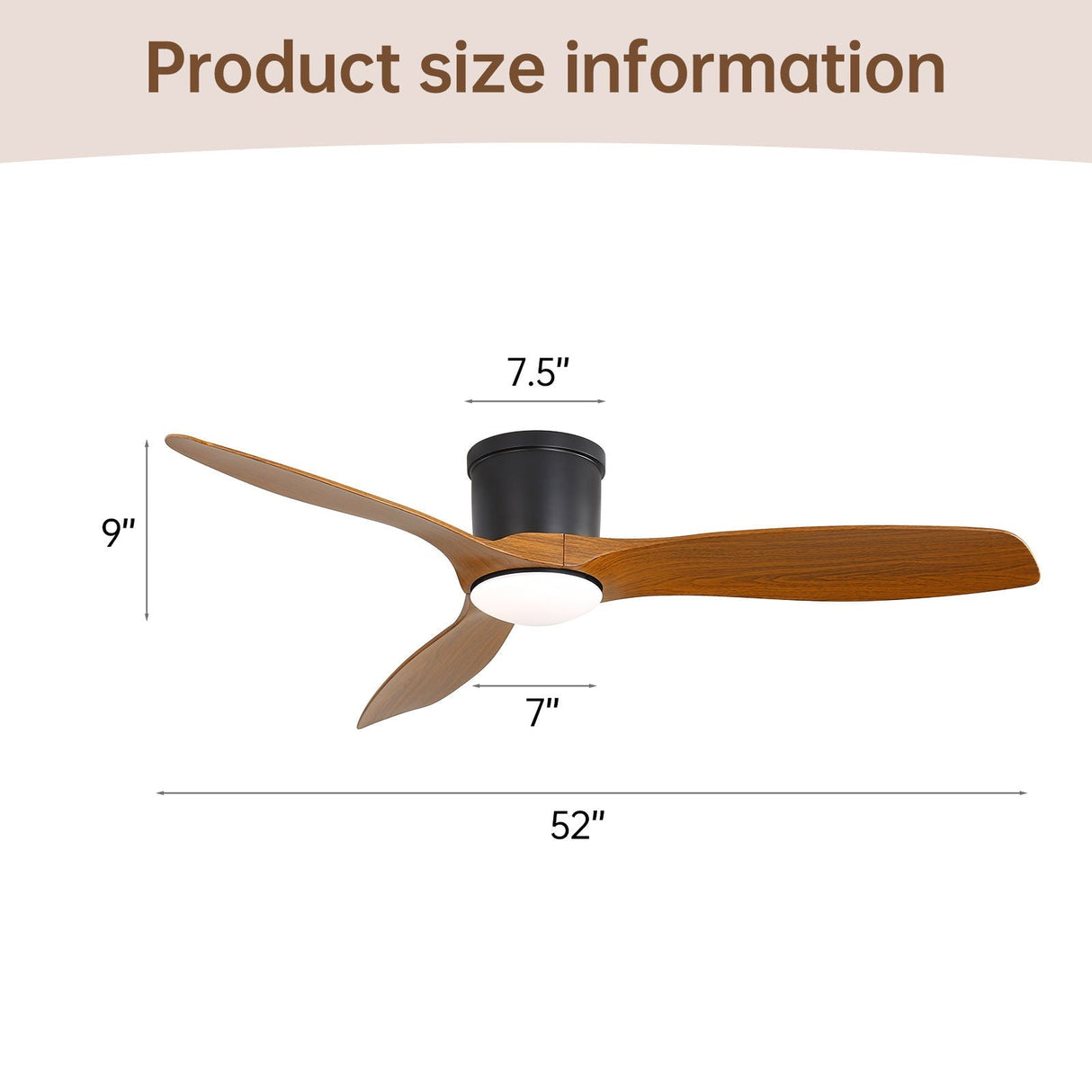 Smart Ceiling Fan With Remote Control, 3 Blades, Dimmable LED Light