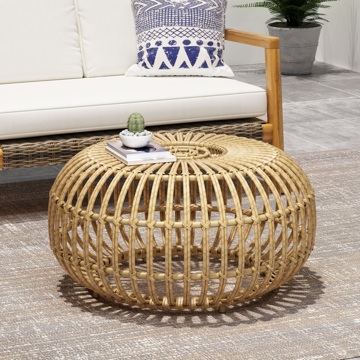 Coffee Table-Bohemian Faux Rattan Weave Accent Table for Indoor Outdoor Use, Light Brown Color