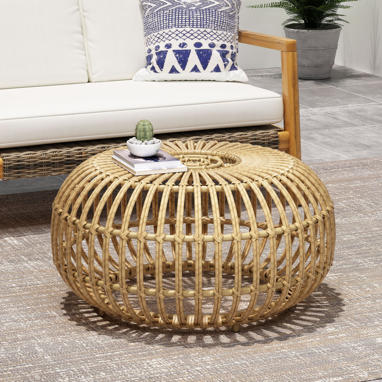 Coffee Table - Bohemian Faux Rattan Weave Accent Table
