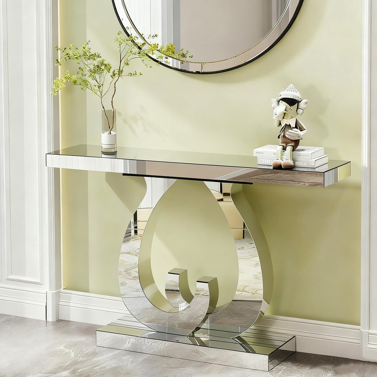 Modern Mirror Side Table with Double C-Shape Base