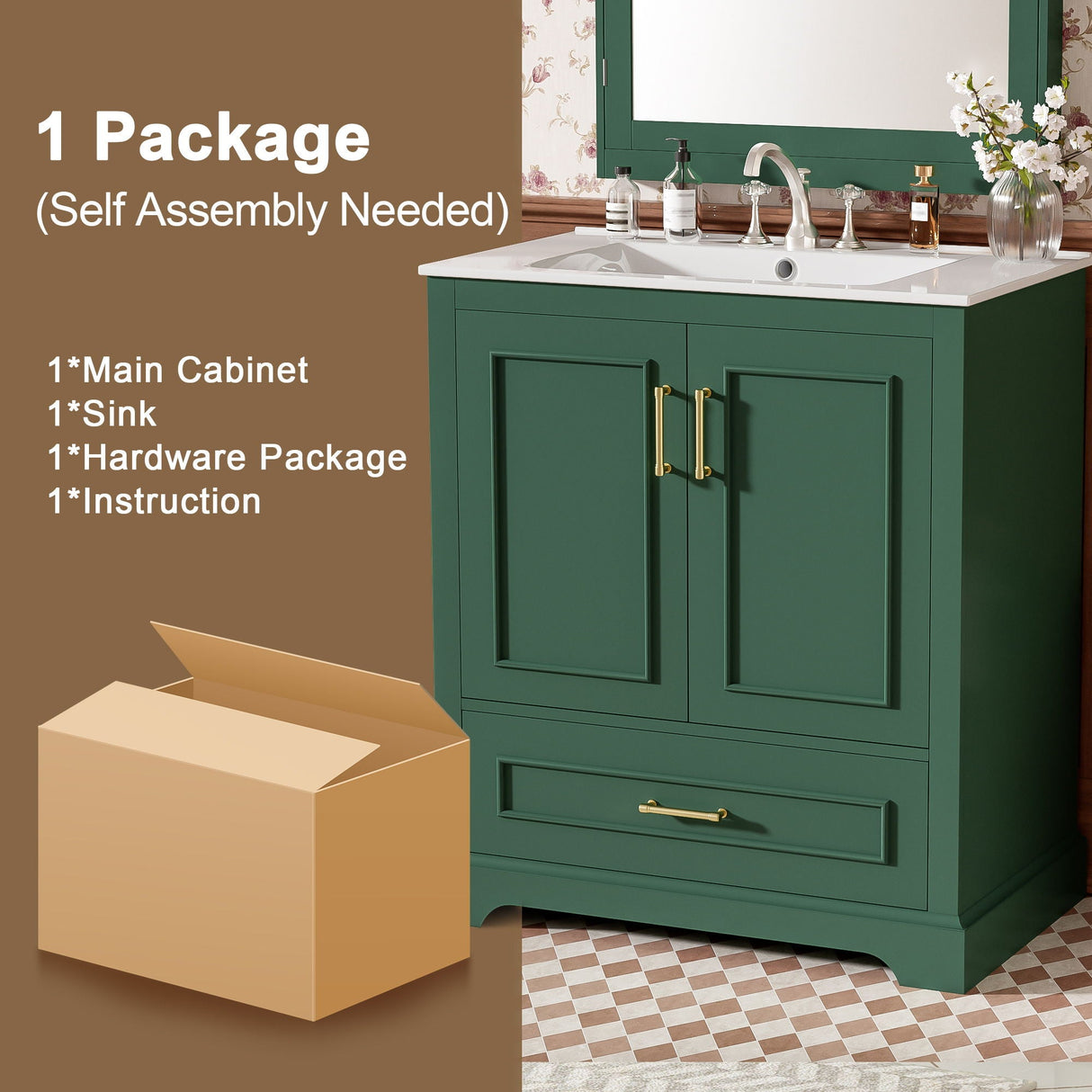 Bathroom Vanity With Sink, 1 Divided Drawer And 2 Soft Close Doors With Double Shelf