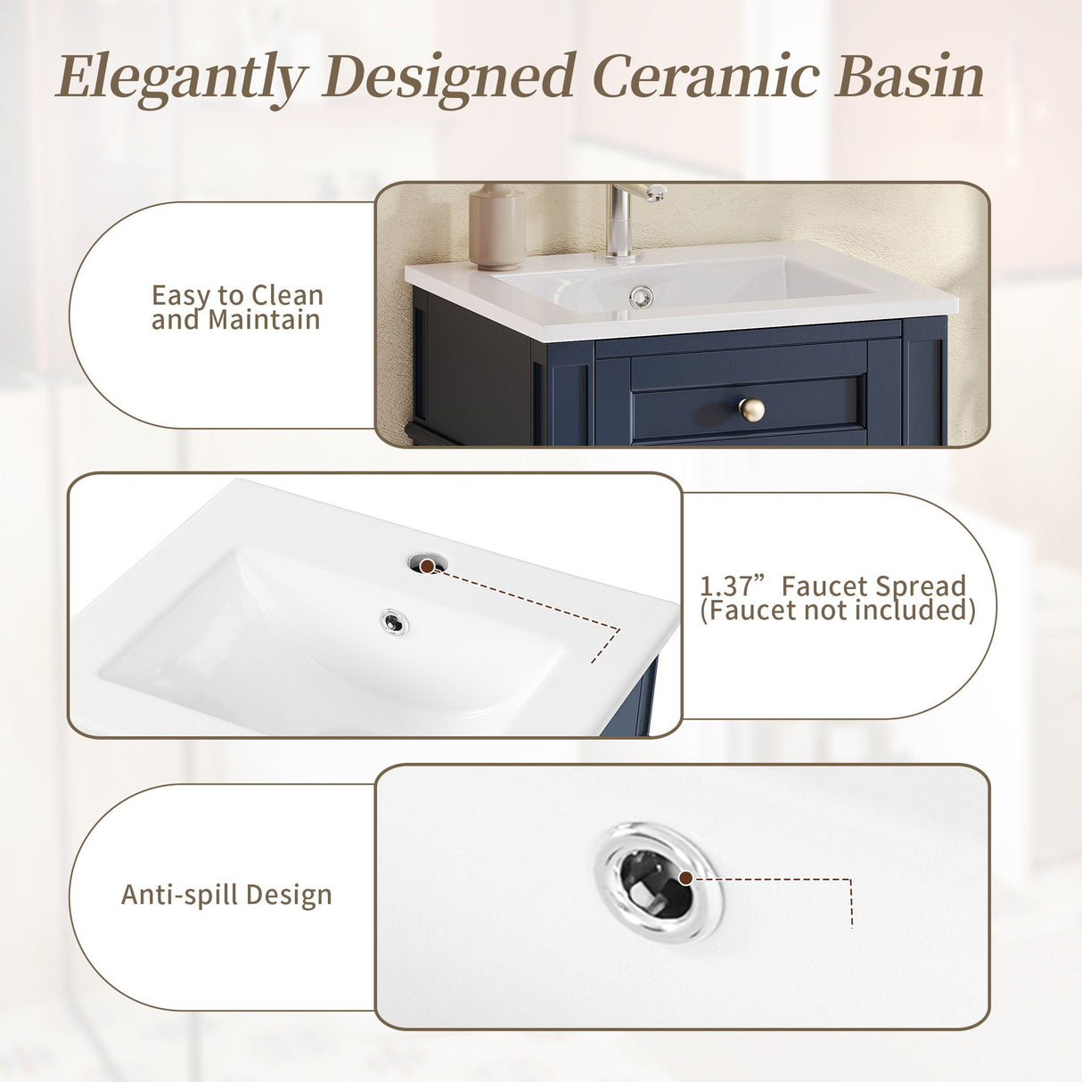 French Style Bathroom Vanity With Sink, Soft-Closing Door, Adjustable Shelf, Rectangular Design